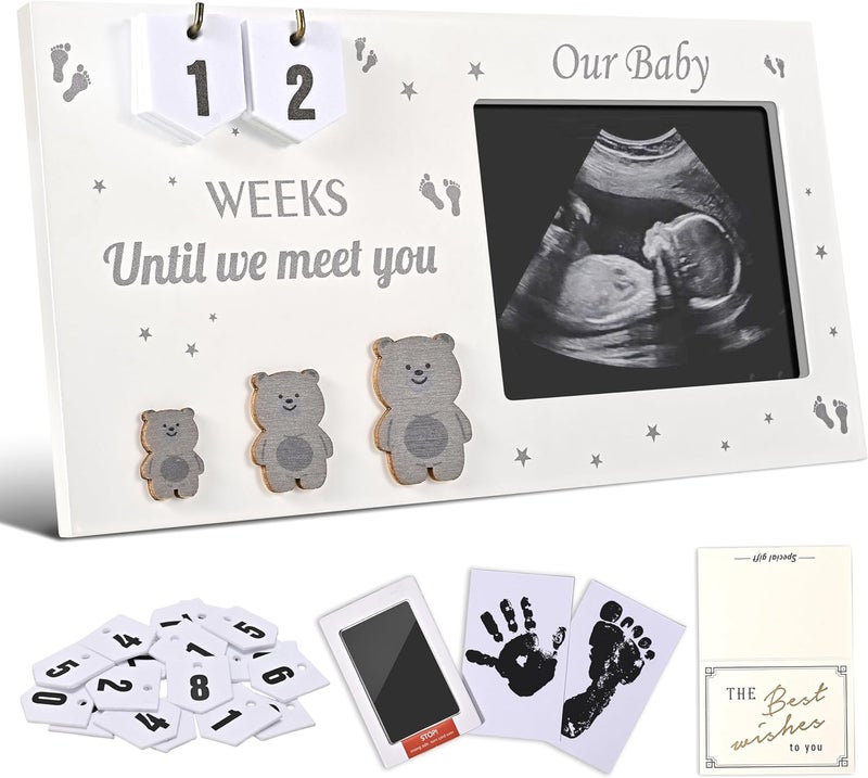 DACO MIN Pregnancy Countdown Sonogram Picture Frame with Number Cards & Newborn Handprint Kit – Bear-Themed Ultrasound Keepsake Gift for Expecting Parents & Grandparent Reveal (Grey) - Image 1